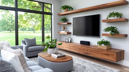 Modern Walnut Media Console with Floating Shelves