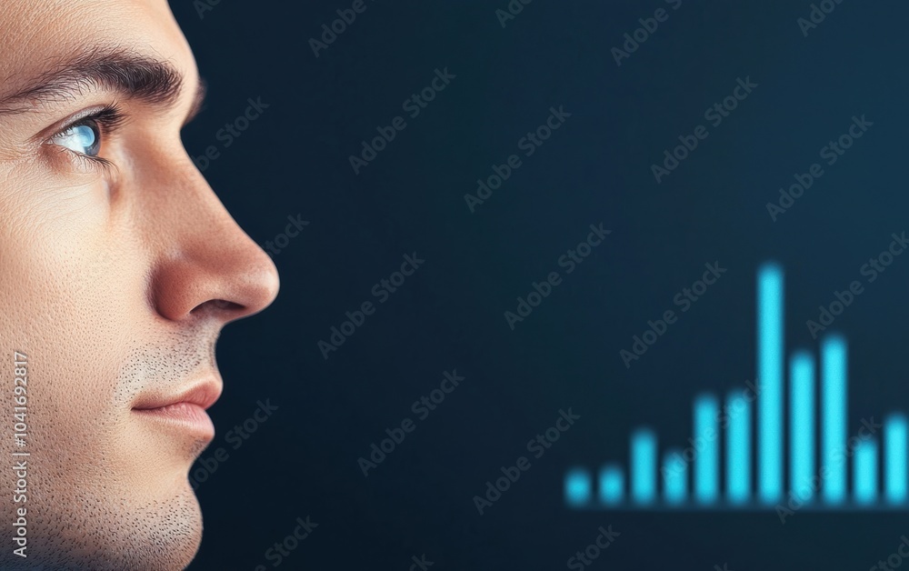 Poster profile of a thoughtful man with a focused expression, with a digital graph overlay, symbolizing ana