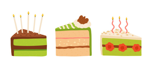 Birthday cake slices set. Sweet holiday bakery pieces collection. Pastry chocolate fruit, green matcha, kiwi, berry dessert with candles for breakfast. Vector hand drawn flat cartoon illustration