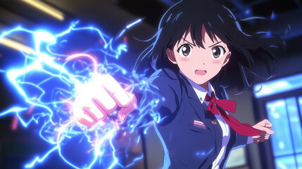 A high school student in uniform, glowing with supernatural energy as she prepares to use her hidden abilities, Anime style