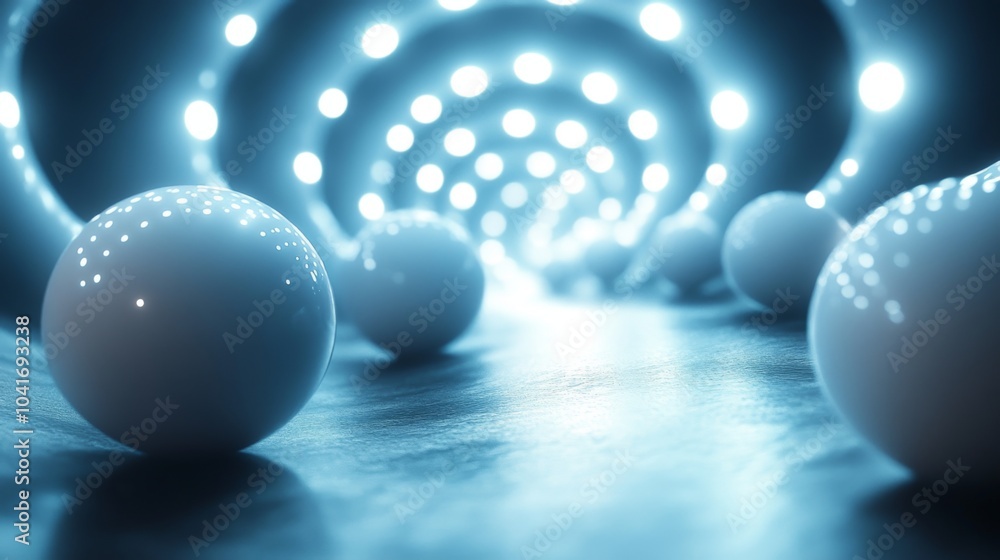 Poster the scene features multiple glowing white spheres arranged along a spiraled tunnel, creating a mesme