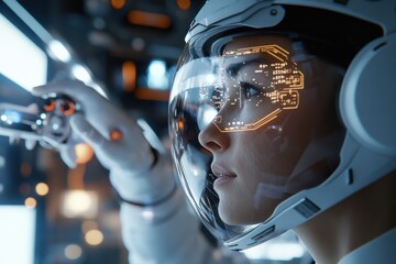 A woman interacts with a holographic display through her visor, focusing on precision and futuristic technology in a digital environment.