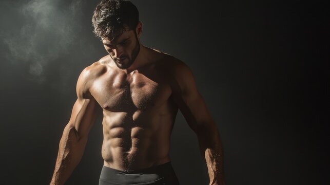 Kraftvoller, athletischer Mann posiert in Rauch und Schatten f&uuml;r Fitness-Kampagnen