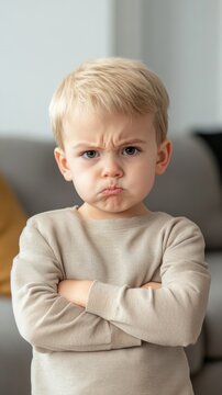 Schmollendes Kind mit verschr&auml;nkten Armen, das seinen Unmut ausdr&uuml;ckt - Emotionen und Kindheitskonzept