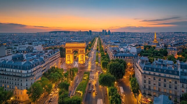 Aerial view of Paris from above the Arc de Triomphe, with streets fanning out at twilight.