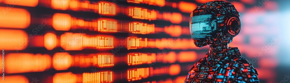 Poster a futuristic humanoid robot with digital features stands against a glowing binary code backdrop, sym