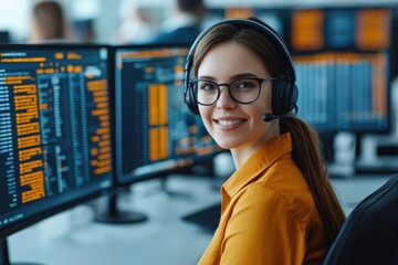 smiling young woman wearing digital headset with hologram screen with digital data, idea for futuristic customer service agent with Ai assistant
