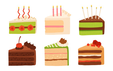 Birthday cake slices set. Sweet holiday bakery pieces collection. Pastry chocolate fruit, green matcha, kiwi, berry dessert with candles for breakfast. Vector hand drawn flat cartoon illustration