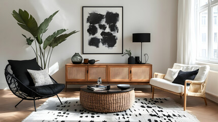 Living Room Decor with Black and White Abstract Art
