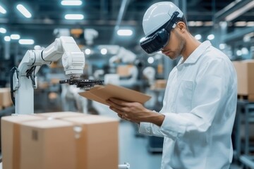 A worker with augmented reality glasses inspects a clipboard in a futuristic warehouse, utilizing cutting-edge technology for inventory and logistics management.