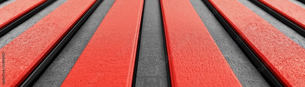 Poster a close-up view of red and black textured planks, showcasing a modern design element suitable for ba