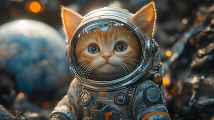 A cute orange tabby kitten wearing an astronaut suit looks into the camera.