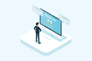 Reviews online, customer feedback, reading reviews and comments, isometric design concept