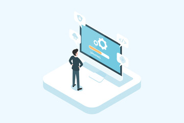 latest software update on computer screen, updating, isometric concept, flat design