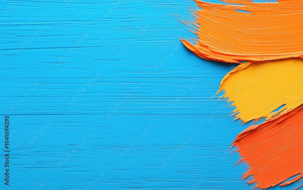 Poster vibrant strokes of orange and yellow paint on a blue canvas create a lively and dynamic artistic com