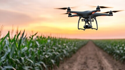 Naklejka premium A drone flies above lush corn fields during sunset, showcasing advanced technology in agriculture and capturing stunning natural colors