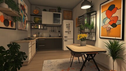 A modern city apartment with a stylish design featuring a compact kitchen, a foldable dining table, and a cozy living area adorned with decorative plants and art.