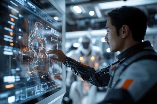 A cyborg utilizing a digital display in a high-tech environment, blending human and technological elements, symbolizing the future of innovation.