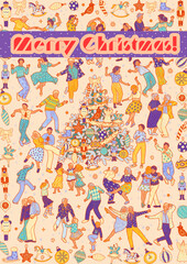 Christmas white wimmelbook poster and card with happy people dancing at party	