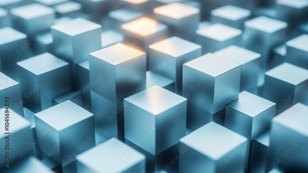 Poster an array of shiny metallic cubes creates a mesmerizing pattern as light reflects off their surfaces,