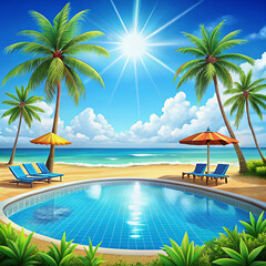 Summertime on the beach. cartoon Palms and plants around. Summer vacation on sea coast. Tropical paradise island sandy beach, palm trees