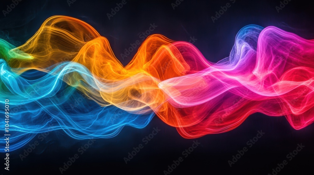 Poster vibrant flowing smoke in a spectrum of colors, creating dynamic waves against a dark background, per
