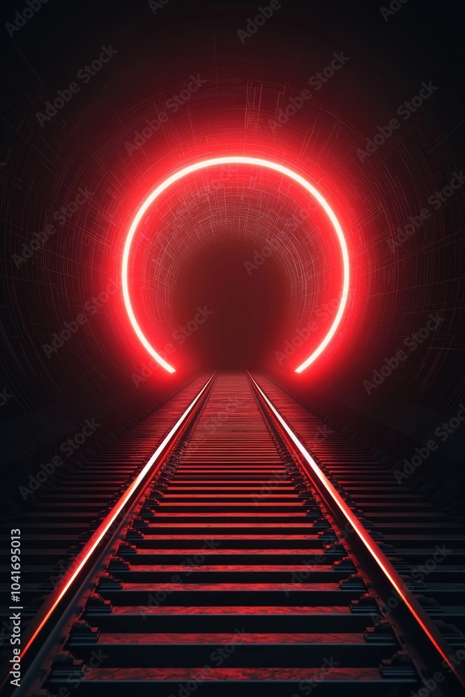Poster a captivating view of a dark tunnel illuminated by a glowing red neon circle, accentuating the rail 