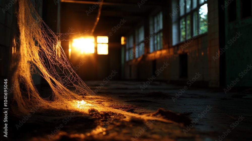 Poster a spider web hangs in a deserted, dusty hallway with sunlight streaming through a window.