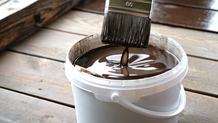 Close-up of a brush with a bucket full of brown paint. Oiling a wooden floor. Drying oil. Painting...