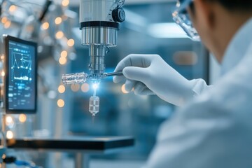 An engineer with lab equipment focuses on precise manipulation of components, highlighting the convergence of technology and skill in an advanced research setting.