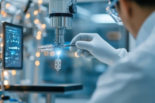 An engineer with lab equipment focuses on precise manipulation of components, highlighting the convergence of technology and skill in an advanced research setting.