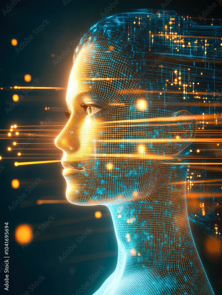 Poster a side profile of a digital figure with orange lights and grid texture, embodying the essence of mod