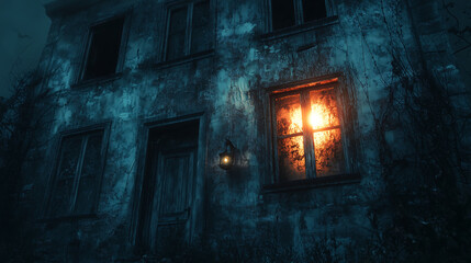 Fototapeta premium Dark Abandoned House Window Lantern Night