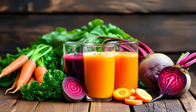 Freshly pressed juice a vibrant blend of carrot beet and greens captured in glasses showcasing the nutritional power of nature's bounty for a healthy lifestyle