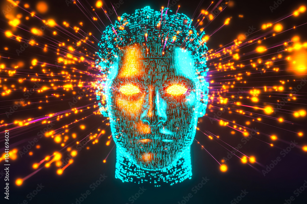 Poster a head with vibrant particles radiating from it, representing the concept of thoughts and creativity