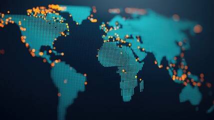 Obraz premium Stylized world map with glowing dots representing cities and connections, ideal for global business, travel, and technology themes.