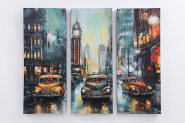 Oil paintings artwork, vintage retro car triptych