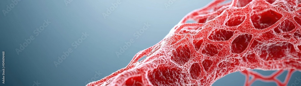 Poster a close-up view of intricate red cellular structures, showcasing the complexity and beauty of organi