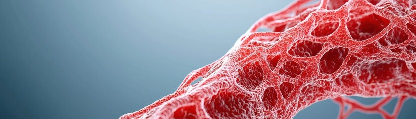 A close-up view of intricate red cellular structures, showcasing the complexity and beauty of organic forms under soft lighting.