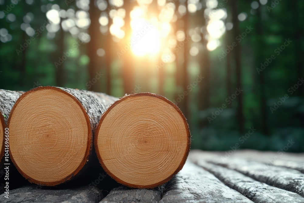 Poster wooden logs stacked in a serene forest setting, illuminated by soft sunlight filtering through the t