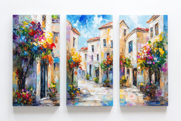 Fototapeta premium Oil paintings artwork, summer triptych, Mediterranean old town cityscape