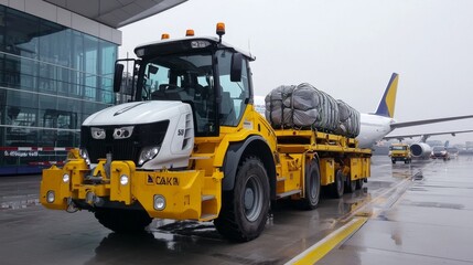 Tow tractor pulling luggage carts at airport apron