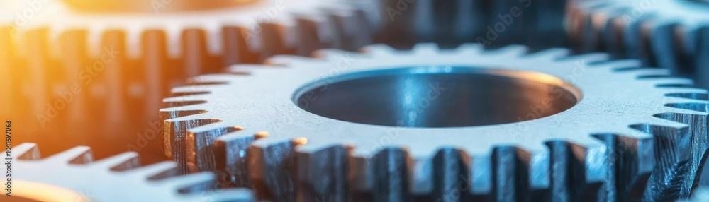 Poster close-up of shiny metallic gears interlocking, representing engineering, mechanics, and precision in