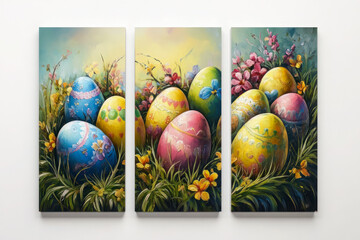 Oil paintings artwork, Easter composition with eggs and blooming branches