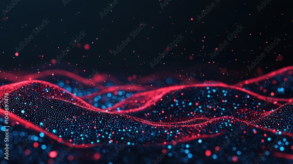 Poster dynamic abstract waves of red and blue light particles, creating a mesmerizing visual effect of dept