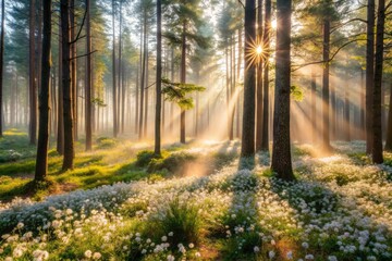 Fototapeta premium Ethereal Wisps of Vapor Caressing the Forest Floor Surrounded by Lush Greenery and Soft Light