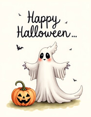 Fun cool Halloween card with calligraphic title Happy Halloween, with pumpkin and cute ghost.