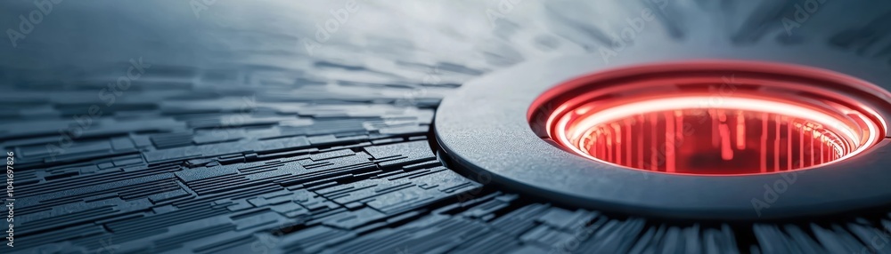 Poster abstract design featuring a glowing red circle set against a textured metallic background, ideal for