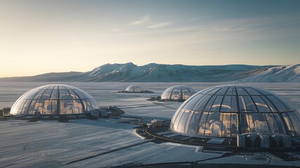 Obraz premium Futuristic Arctic Domed Habitat: Sustainable Living in Extreme Cold Environments