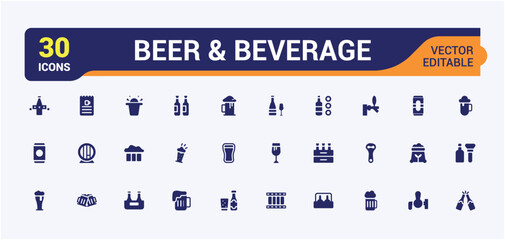 Set of solid Beer and beverage icons. Related to pint glass, brewing, bar, pub, alcohol, hops, taproom. Minimal filled icon collection. Editable flat symbol. Pixel perfect.